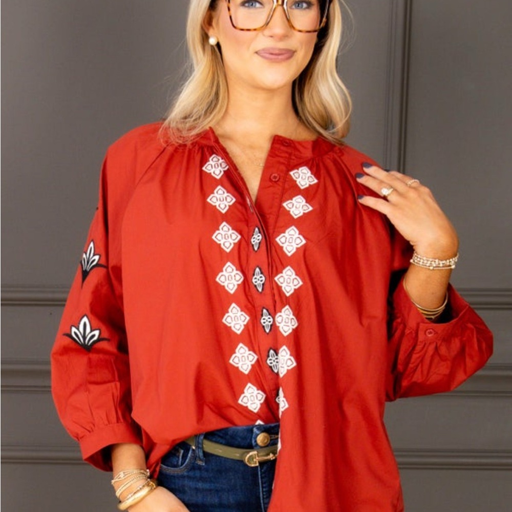 Jodifl Women's Red Embroidered Top, large